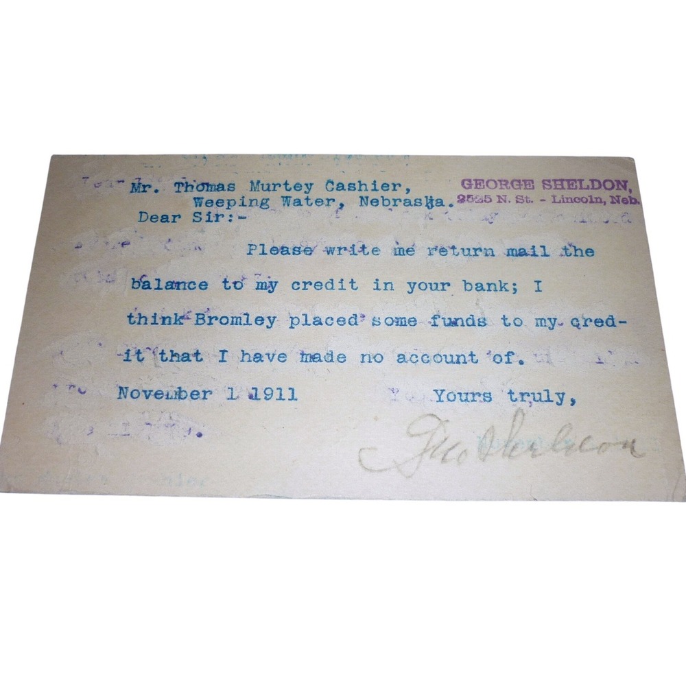 1911 Nebraska Governor George Sheldon‎ Signed Postal Card Weeping Water Bank